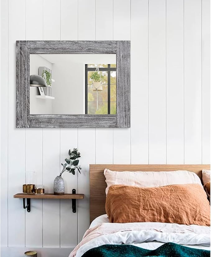 Wall Mirror Rustic Wooden Frame Rectangle Mirror Vintage Hanging Mirror for Bedroom Bathroom Living Room Farmhouse Wall Decor Large 26