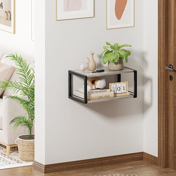 Floating Nightstand Set of 2, Wood Bedside Shelf Wall Mounted Nightstand with Heavy-Duty Frame, Floating Bedside Table for Bedroom, Bathroom, Kitchen, (Vintage Grey, 2 Pack)