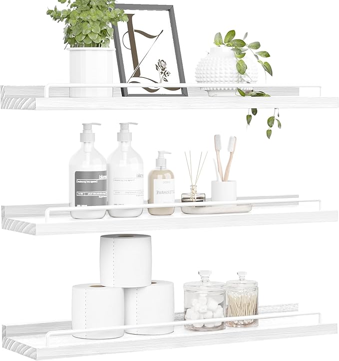 22 inches Long Floating Shelves, Bathroom Decor Shelves Over Toilet, Farmhouse Wall Shelves for Living Room, Bedroom, Picture Frames, Plants, Kitchen, Set of 3 (White)