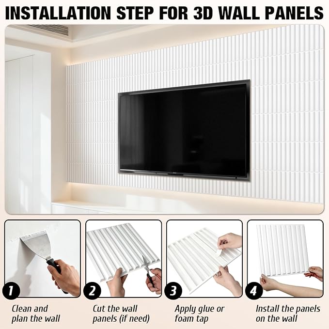 Qidejoy 33 Pcs 3D PVC Slat Wall Panels 12X12in Fluted Textured Paneling Modern Decorative Tiles Cuttable Paintable DIY Wall Art for Interior Décor, Bedroom, Ceiling, TV Background, Bathroom (White)