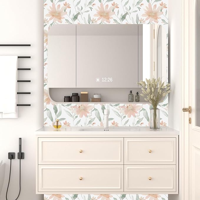 Floral Wallpaper Peel and Stick Vintage Flowers Contact Paper 17.5" x 118" Pink Floral Wallpaper Vinyl Waterproof Self Adhesive Boho Leaf Modern Wall Paper for Bedroom Cabinet Countertop Decor