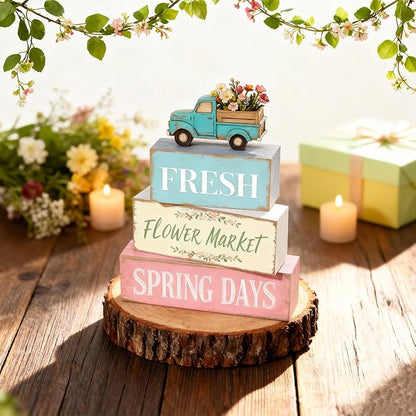 Spring Decoration Wooden Tiered Tray Decor Set – Farmhouse Spring Block Sign with Vintage Flower Truck, Fresh Flower Market Text – Rustic Tabletop Centerpiece for Living Room, Kitchen, Entryway, Shelf Display, Spring Home Decor