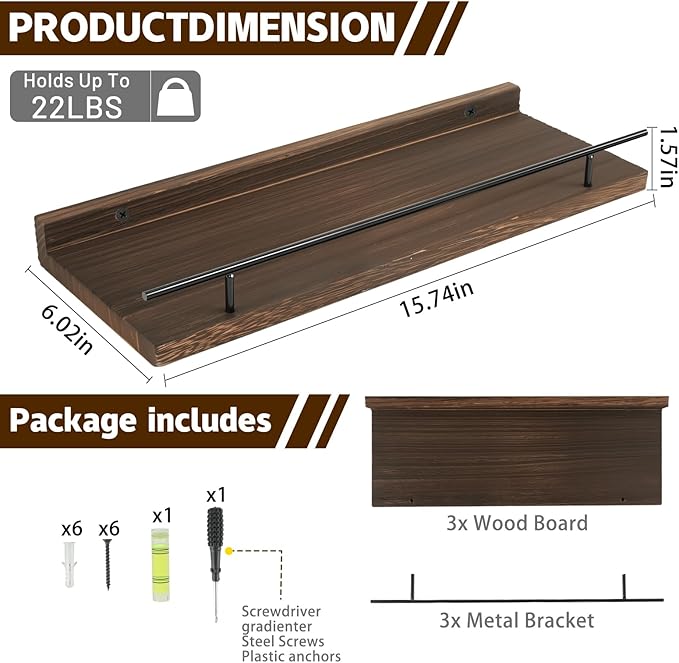 Floating Shelves Set of 3, 15.74 inches Rustic Wood Wall Shelves for Bathroom，Bedroom, Living Room, Kitchen & Book, Hanging Display Decor Organization Shelf with 22 lbs Capacity