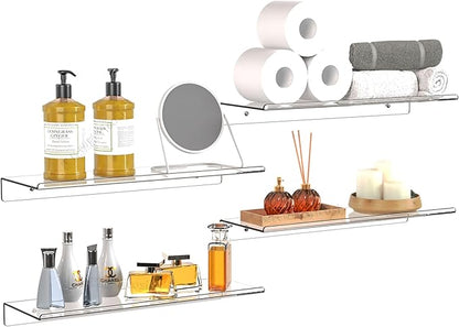 Clear Acrylic Floating Shelves Set of 4 for Lego Sets Funko Pop Collectibles Kids Bookshelf Figures Plant Picture Photo Modern Wall Ledge Floating Shelf for Bedroom Decor Living Room Wall Shelf