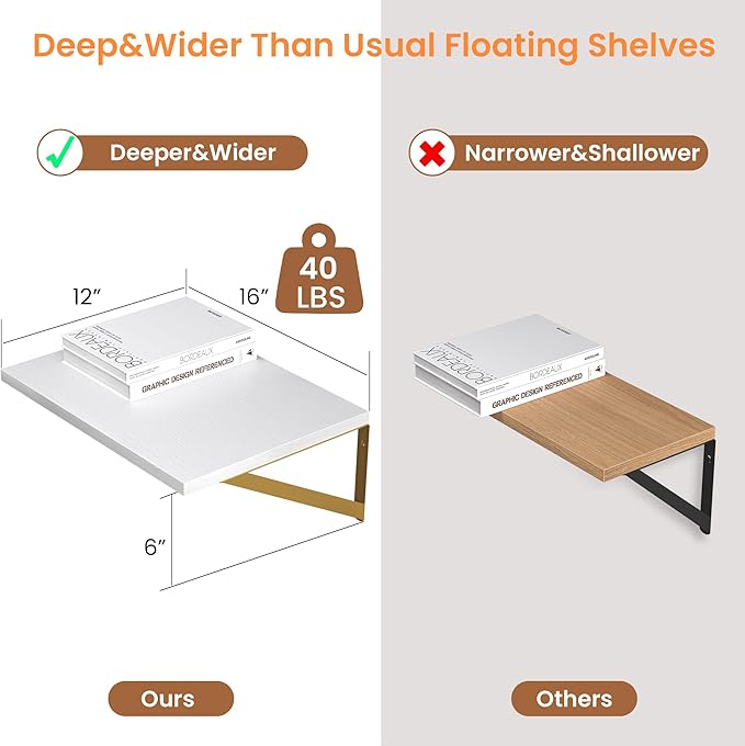 Heimlove Deep Floating Shelves for Wall, 16W x 12D Wood Wall Shelves Set of 2, Wide Floating Bookshelf for Living Room, Kitchen, Office, Bedroom and Decor Storage, with Golden Bracket - White & Gold