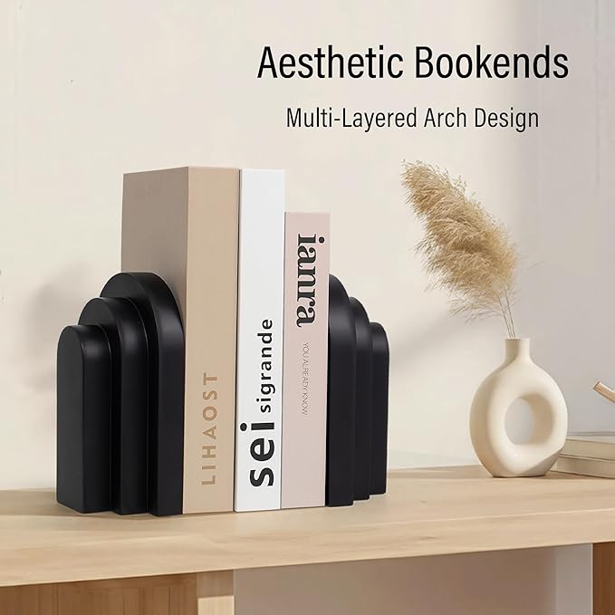 Heavy Duty Book Ends for Shelves, Decorative Bookends for Heavy Books Set of 2, 6.6 LBS Modern Book Stopper for Home Decor, Bookshelf, Aesthetic Bookend with Layered Arch Design, Black