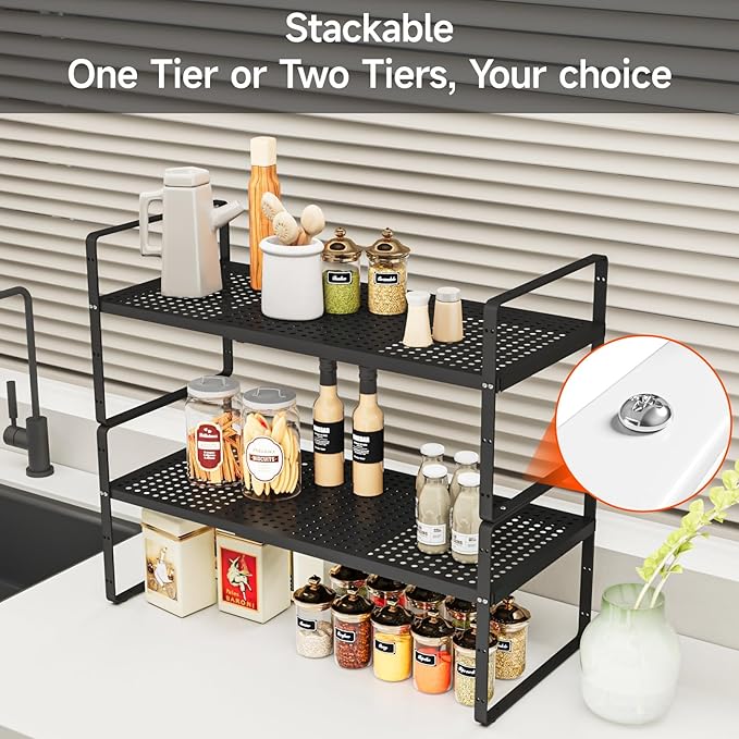 16.5-27’’L Expandable Cabinet Countertop Shelf Organizer, Stackable Metal Shelves, Kitchen Organizers and Storage, Black Storage Spice Rack for Pantry and Cupboard