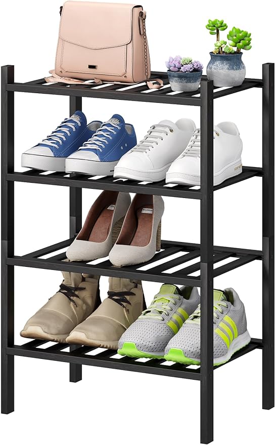 Black Small Shoe Rack for Entryway, 4-Tier Bamboo Shoe Organizer for Hallway Closet, Free Standing Shoe Racks for Indoor Outdoor
