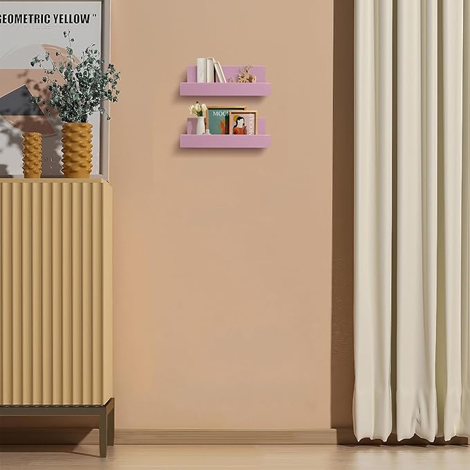 Z metnal Small Floating Shelves, Natural Wooden Display Wall Shelf for Picture Ledge, Nursery Floating Shelves, Wall Mounted, 8 x 5.5 inch, Pink, 2 Pcs
