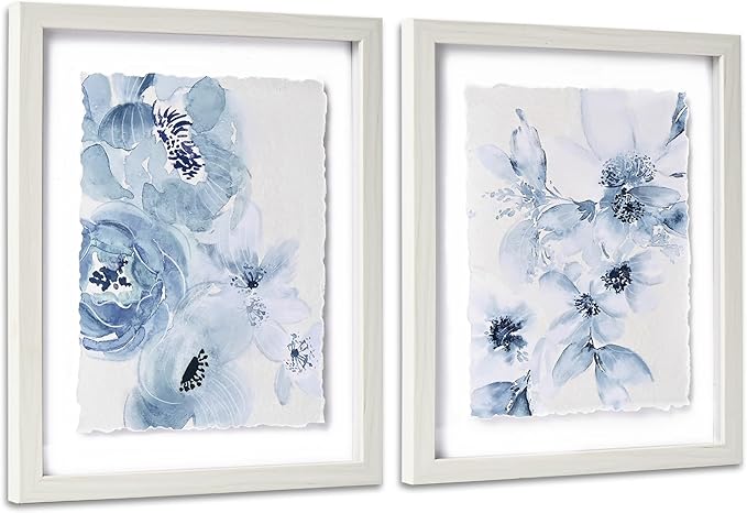 ArtbyHannah Framed Bathroom Wall Art Decor, 8x10 Inch 3D Light Blue Watercolor Florals with Torn Edge Floating Effect, Moisture Proof Prints Pictures Artwork for Bathroom, Bedroom Decor (2 Pack)