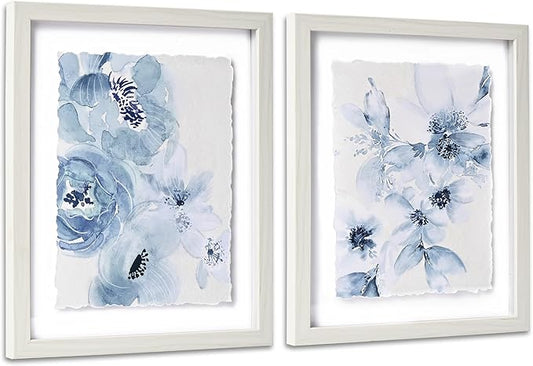 ArtbyHannah Framed Bathroom Wall Art Decor, 8x10 Inch 3D Light Blue Watercolor Florals with Torn Edge Floating Effect, Moisture Proof Prints Pictures Artwork for Bathroom, Bedroom Decor (2 Pack)