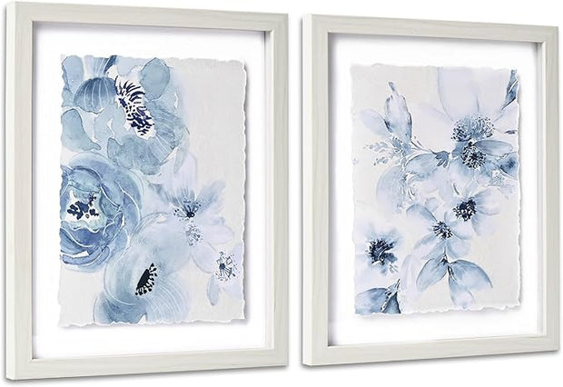 ArtbyHannah Framed Bathroom Wall Art Decor, 8x10 Inch 3D Light Blue Watercolor Florals with Torn Edge Floating Effect, Moisture Proof Prints Pictures Artwork for Bathroom, Bedroom Decor (2 Pack)