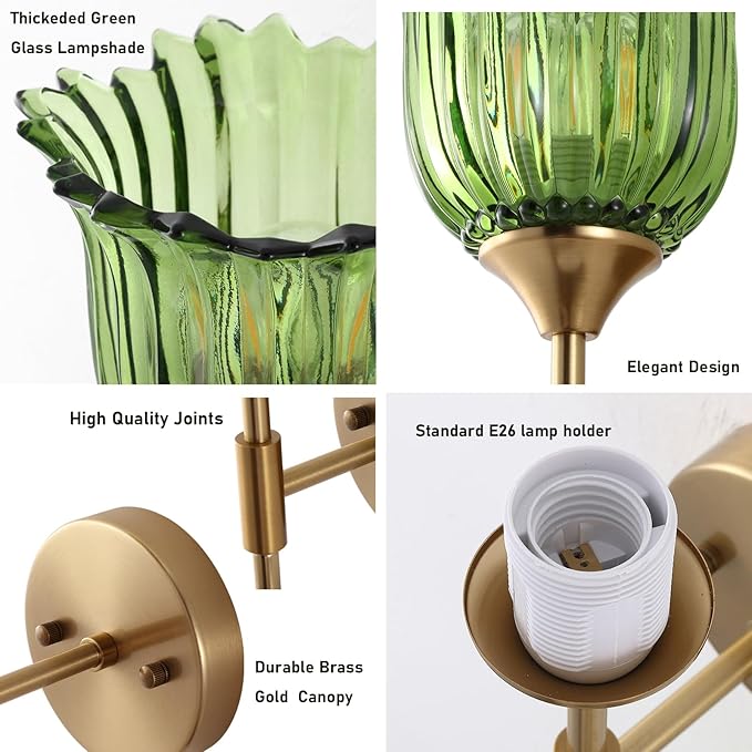 2-Lights Gold Wall Sconce with Green Glass Shades Modern Mid Century Bathroom Vanity Wall Light Fixtures Industrial Brushed Brass Wall Lamp for Bedroom Mirror Living Room