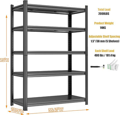 Kitchen Storage Shelves, 5-Tier Adjustable Heavy Duty Metal Kitchen Shelving Unit, Kitchen Appliance Shelf for Storage, Free Standing Organizer Shelf (36" W× 18" D ×78" H)