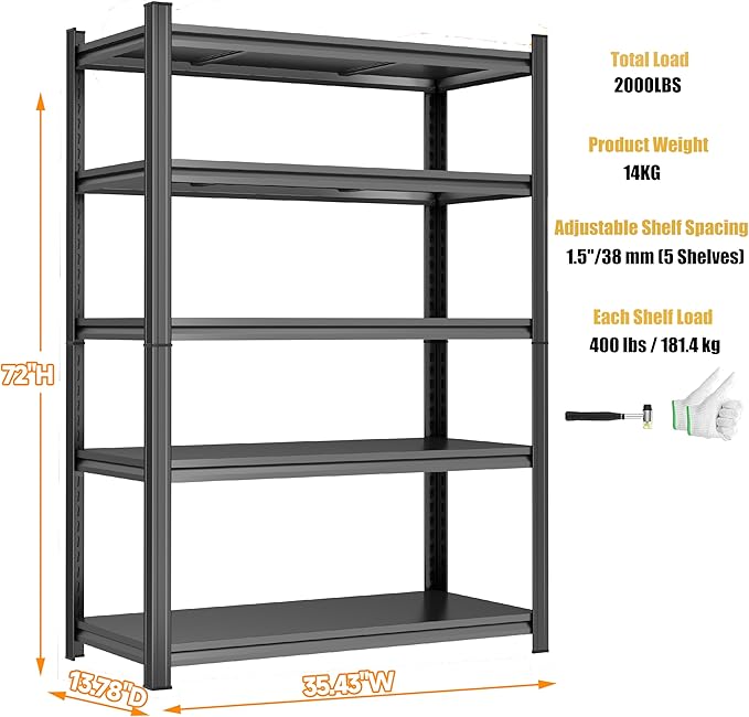 Kitchen Storage Shelves, 5-Tier Adjustable Heavy Duty Metal Kitchen Shelving Unit, Kitchen Appliance Shelf for Storage, Free Standing Organizer Shelf (36