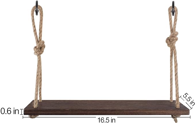 Rope Hanging Floating Shelves, Rustic Wood Wall Decor Swing Shelf with 4 Hooks, Pack of 2