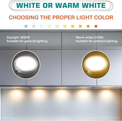 Liquor Cabinet Accent Lighting Kit, Round LED Puck Lights, 110 Volt Plug in, Daisy Chain Linkable, Wireless RF Remote Control Dimmable, Y Splitter, White Cords, Warm White 2700K, 6 Lights