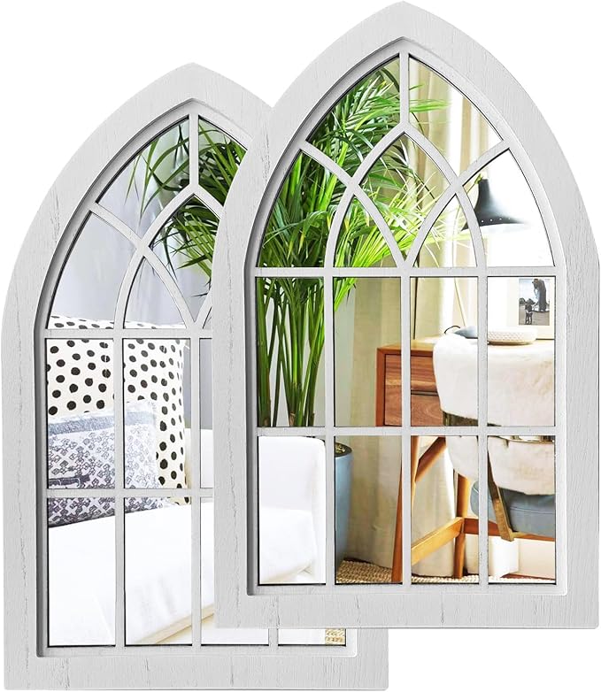 ZEXUIRU 2PCS Arched Window Wall Mirror,Rustic Farmhouse Accent Mirror, Wood Framed Entry Mirror for Living Room,Bathroom,Bedroom,Kitchen,15.5 * 9.8 Inch