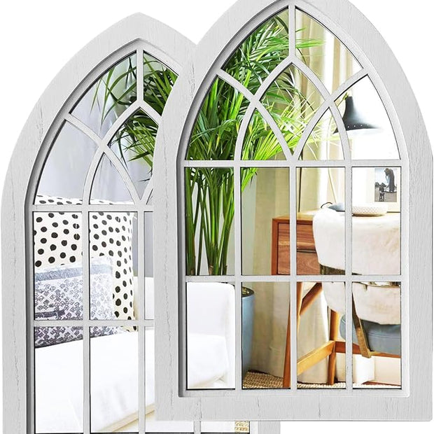 ZEXUIRU 2PCS Arched Window Wall Mirror,Rustic Farmhouse Accent Mirror, Wood Framed Entry Mirror for Living Room,Bathroom,Bedroom,Kitchen,15.5 * 9.8 Inch