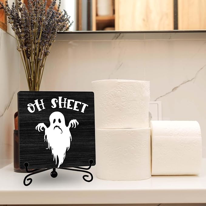 Halloween Bathroom Decor, Oh Sheet Wooden Sign for Home Restroom Desk Shelf, Spooky Ghost Table Centerpieces for Washroom Accessories - A10