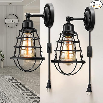 Plug in Wall Sconces 2pack, Industrial Wall Lamp with Plug in Cord, Farmhouse Wall Sconces, Wire Cage Wall Sconce, Vintage Wall Mounted Lamp, Plug in WallLighting Sconce, Black