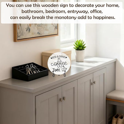 Coffee Desk Decor Sign, Farmhouse Wood Plaque, It Is Coffee Time Wood Sign, Cafe Lover Gifts, Decor For Home Kitchen Table Top, Wooden Round Decorations With Stand-18