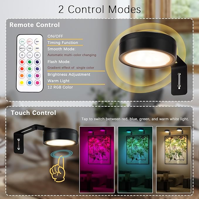 4 Pack Black Picture Lights for Wall Battery Operated, 12 RGB Color Changing LED Wall Art Light, Magnetic Painting Light with Remote Control, Art Gallery Lights Photo Sconce for Art Display