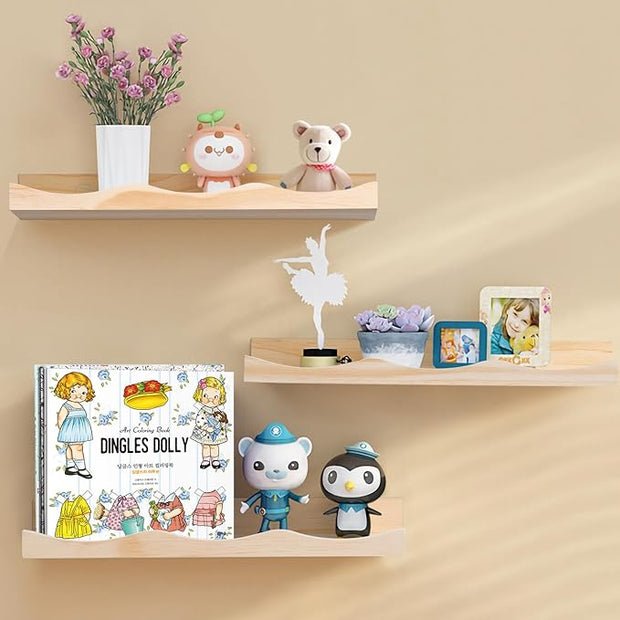 AZSKY Floating Bookshelf for Kids, Cloud Picture Ledge Shelf - Natural 15.7 Inches, Nursery Book Shelves Set of 3, Floating Shelves Baby & Toddler Room Decor