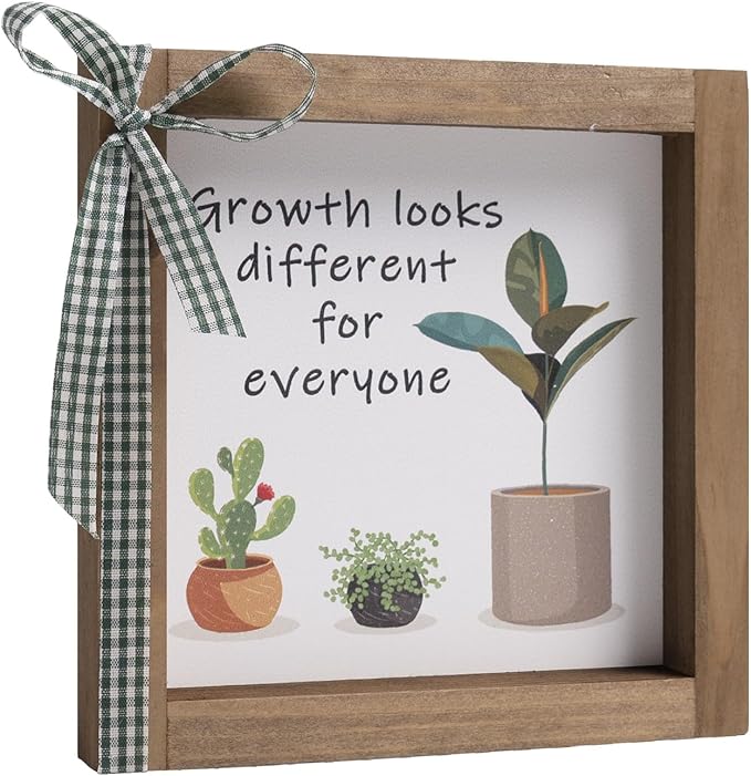 6 Inch Office Desk Decor, Wooden Growth Looks Different for Everyone Plant Sign, Rustic Motivational Art for Cubicle Table Shelf Classroom Inspirational Home Decorations