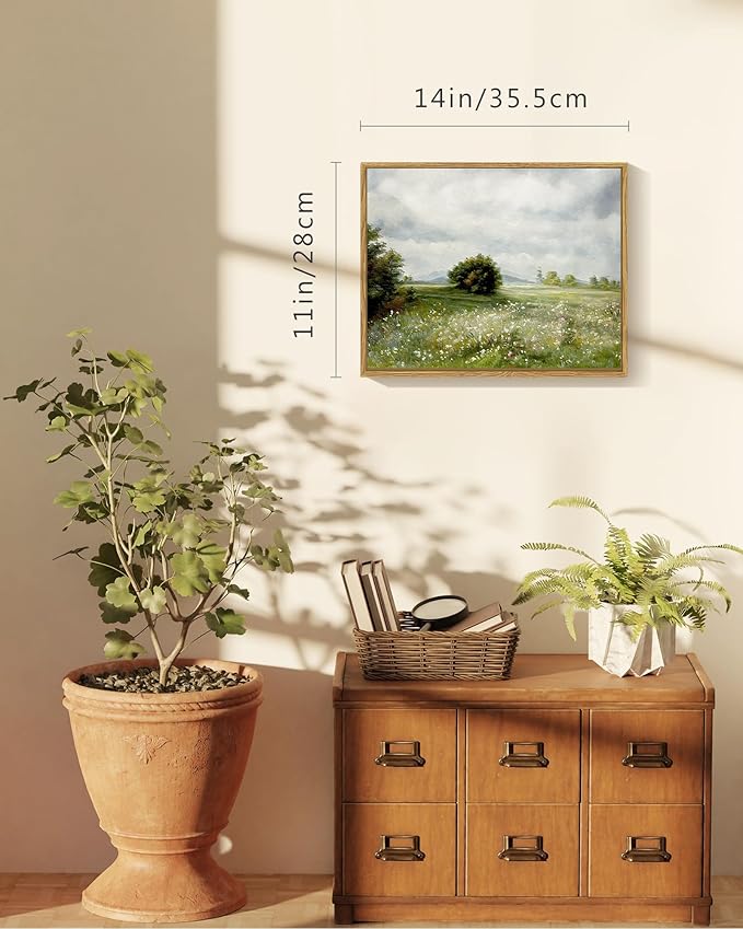 SHENIFY Vintage Landscape Framed Canvas Wall Art Grassland Classic Painting Modern Farmhouse Kitchen Office Decor - 11x14in Natural Framed
