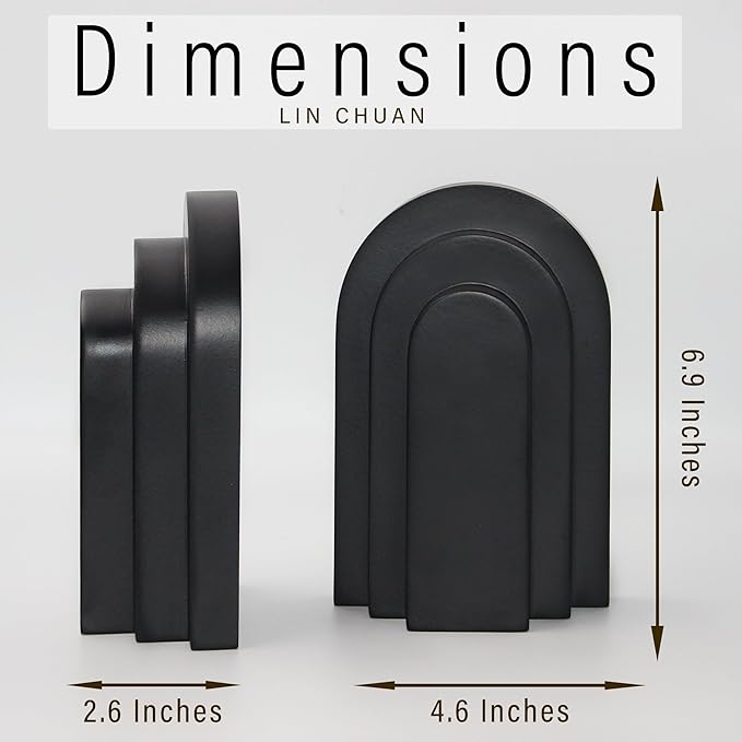 Heavy Duty Book Ends for Shelves, Decorative Bookends for Heavy Books Set of 2, 6.6 LBS Modern Book Stopper for Home Decor, Bookshelf, Aesthetic Bookend with Layered Arch Design, Black