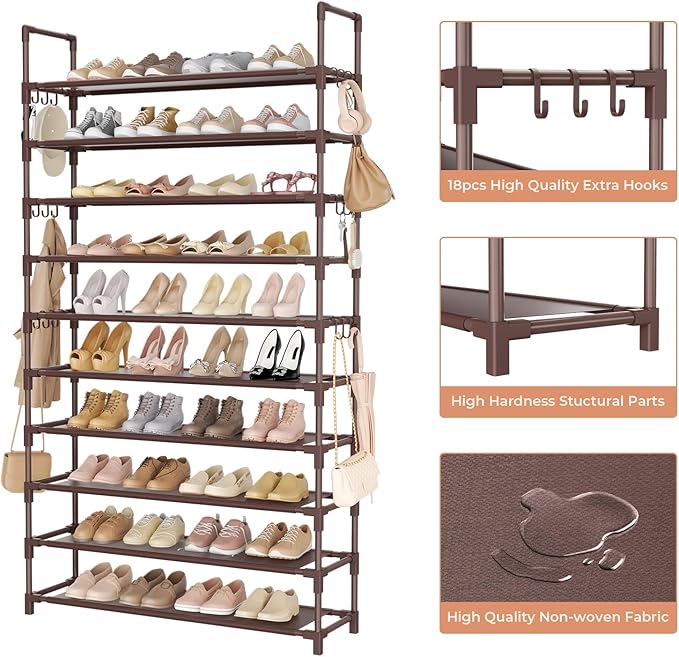 Tall Shoe Rack 10 Tier Shoe Organizer Large Shoe Shelf with 18 Hooks Storage for 50 Pair Sneaker and Boot, Stackable Vertical Shoe Rack Organizer for Closet, Entryway, Bedroom, Brown