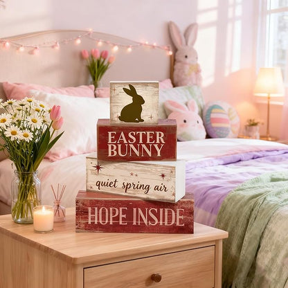Easter Decorations - Easter Bunny Tiered Tray Decor - Wooden Bunny Tabletop Sign - Rustic Farmhouse Spring Home Decor Indoor for Tiered Tray Shelf Mantel Entryway Coffee Table - Spring Home Decor for Living Room, Kitchen Counter