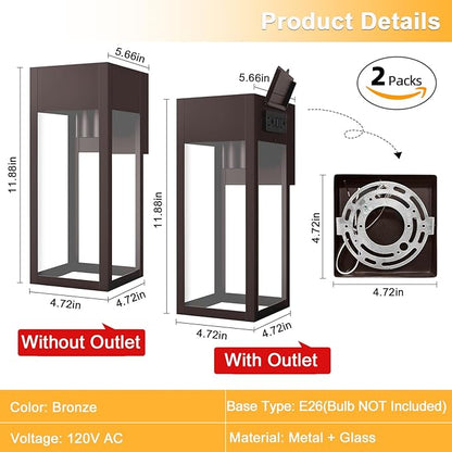 2 Pack Porch Lights Outdoor Wall Sconce, Outdoor Light with GFCI Outlet, Waterproof Exterior Wall Lantern Light Fixtures, Anti-Rust Wall Lamp for Patio Doorway Garage- Oil Rubbed Bronze