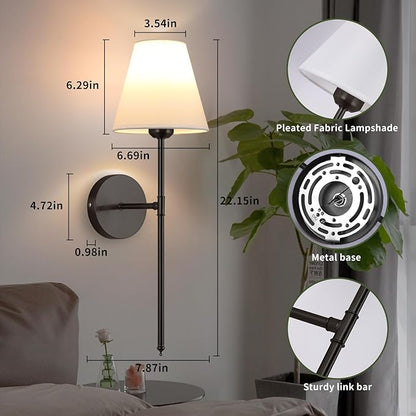 Battery Operated Wall Sconce Set of 2,15 Colors Wireless Wall Light With Dimmable Remote Control Last 18-50 Hours,Black Rechargeable Wall Lamp With White Fabric Shade For Living Room Bedroom Hallway