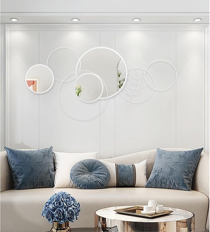 White Wall Mirror Set, 4 Pack Wall Mounted Circle Metal Mirror Round Decorative Modern Mirrors for Living Room Bedroom Entryway Decor 20x40 Inch