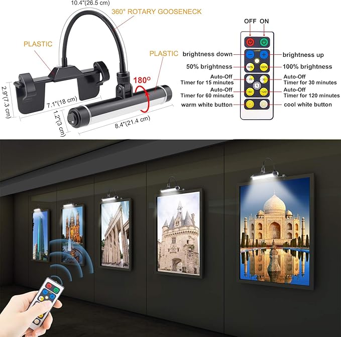 BIGMONAT Cordless Picture Light, Rechargeable Display Lamp, Clip on Painging Frame, Led Art Light with Timer, Dimmable Painting Light 3 Lighting Modes for Dart Board