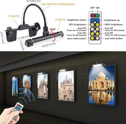 BIGMONAT Cordless Picture Light, Rechargeable Display Lamp, Clip on Painging Frame, Led Art Light with Timer, Dimmable Painting Light 3 Lighting Modes for Dart Board