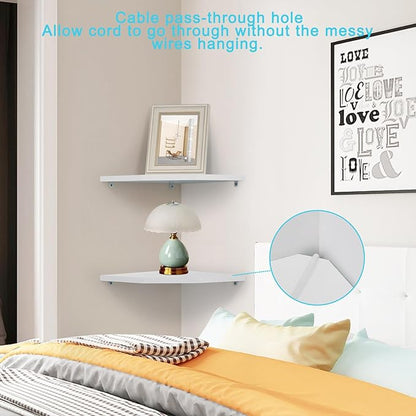 Joiishom Wood Corner Wall Shelves Set of 2, Solid Wood Corner Floating Shelves, Round End Wall Mounted Floating Corner Shelf for Bedroom, Living Room and Kitchen (White-10 inch)