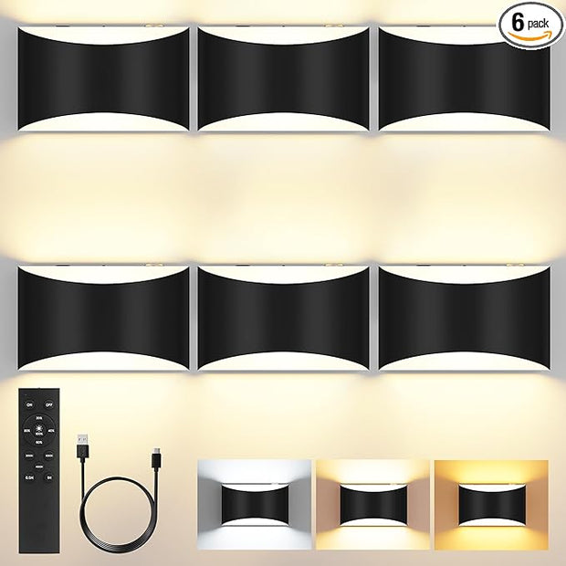 FOLKSMATE Battery Operated Wall Sconces Set of 6, 8000mAh Rechargeable Remote & Touch Control Wall Lamps, 3 Color Temperatures, Timer Cordless Dimmable Light for Bedroom, Living Room, Hallway