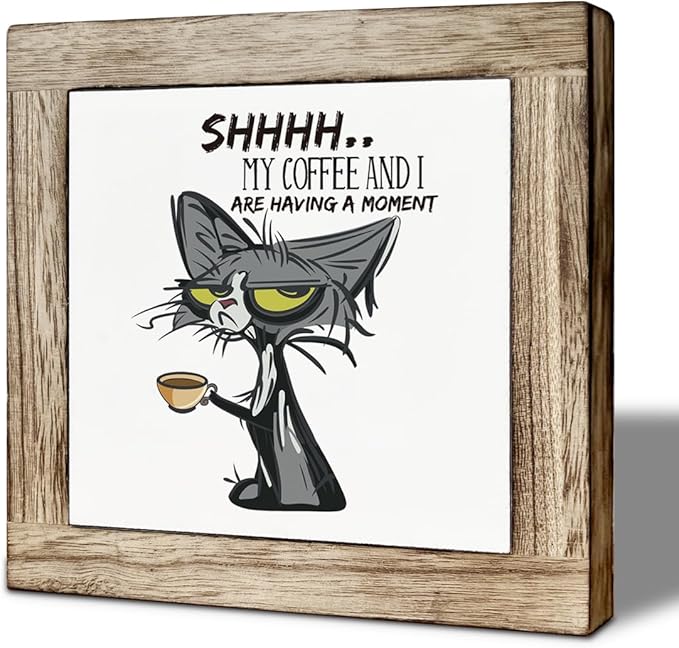 Funny Coffee Decor Sign, My Coffee and I Are Having a Moment, Funny Cat Wooden Sign, Farmhouse Cafe and Kitchen Decor, Square Wood Block Signs Table Decoration 5.9X5.9 Inches