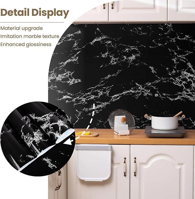 practicalWs Glossy Marble Wall Paper Granite Black/Grey Kitchen Countertop Cabinet Furniture Refurbishment Removable Wallpaper Peel and Stick Vinyl Roll 23.6" x 118.1"