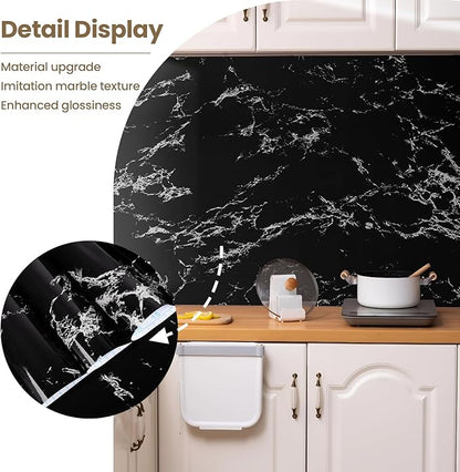 practicalWs Glossy Marble Wall Paper Granite Black/Grey Kitchen Countertop Cabinet Furniture Refurbishment Removable Wallpaper Peel and Stick Vinyl Roll 23.6" x 118.1"