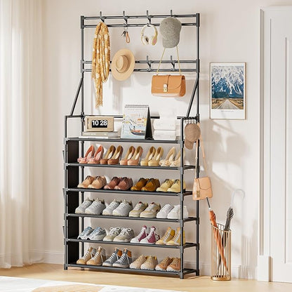 OYREL Shoe Rack 6 Tier Shoes Organizer 24-30 Pairs Shoe Racks for Closet Front Door Entrance Large Capacity Space Saving Shoe Storage Organizer with Multifunctional 5 Hooks and Side Pocket