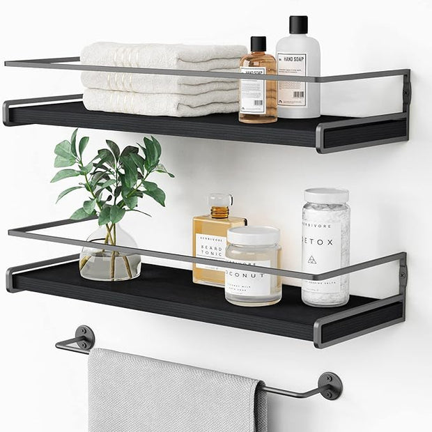 Forbena Black Floating Shelves for Bathroom Wall Set of 2, Kitchen Spice Rack Wall Mount, Modern Wood Hanging Wall Shelves for Bedroom Organizer, Restroom Pantry Closet Storage (Grey-Black)