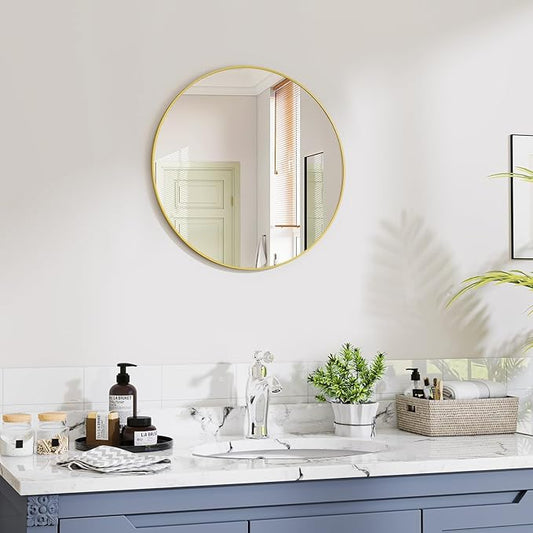 VooBang Gold Round Bathroom Mirror, 20 inch Circle Wall Mounted Hanging Mirror with Simple Modern Circular Metal Frame for Hallway, Entryway, Living Room, Gold Frame