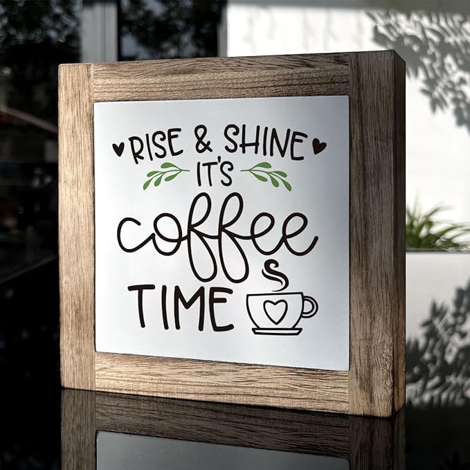 Rise & Shine Coffee Decor Set - Rustic Wooden Table Sign, Farmhouse Style, Coffee Station Decor