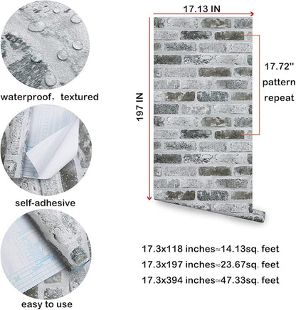 Guvana 17.3"×197" Brick Peel and Stick Wallpaper Grey Brick Contact Paper Self Adhesive Wallpaper 3D Textured Brick Wallpaper Vintage DIY Removable Wall Paper for Bedroom Living Room Decor