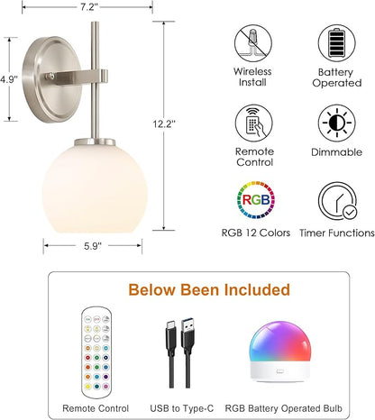 Brushed Nickel Battery Operated Wall Sconce Set of 2, Wireless Rechargeable Sconces Wall Lighting with Remote Control, LED Wall Lights with Opal White Glass Shade, 12 Colors RGB & 3 CCT Bulb
