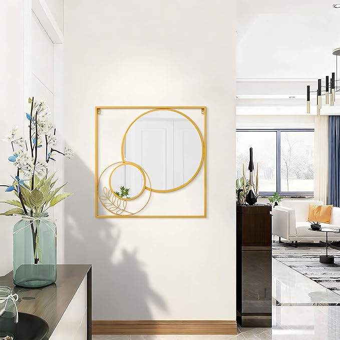 Gold Wall Mounted Mirror Set, Golden Metal Framed Square Mirror Modern Art Mirrors for Bedroom Living Room Bathroom 24x24 Inch Decor